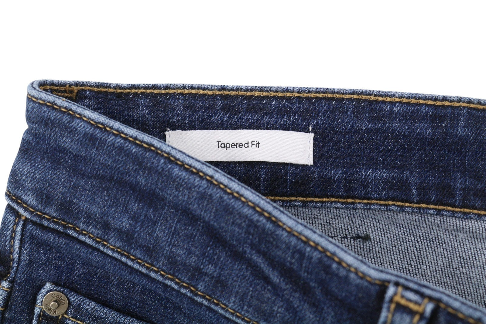 CALVIN KLEIN vyriški džinsai W34/L32 tamsiai mėlyni siaurėjantys tamprūs užtrauktukai su logotipu ir džinsiniu logotipu 