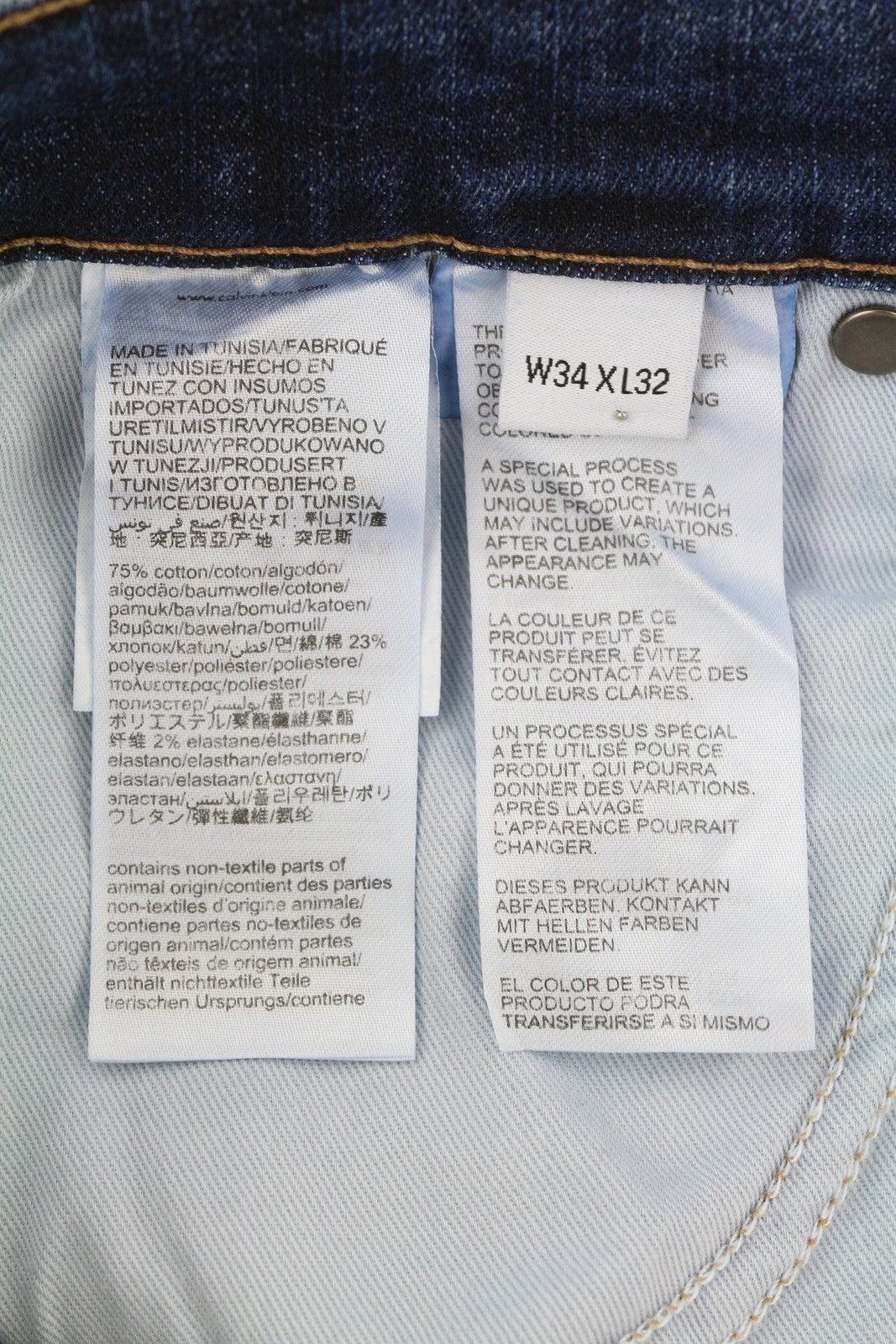 CALVIN KLEIN vyriški džinsai W34/L32 tamsiai mėlyni siaurėjantys tamprūs užtrauktukai su logotipu ir džinsiniu logotipu 