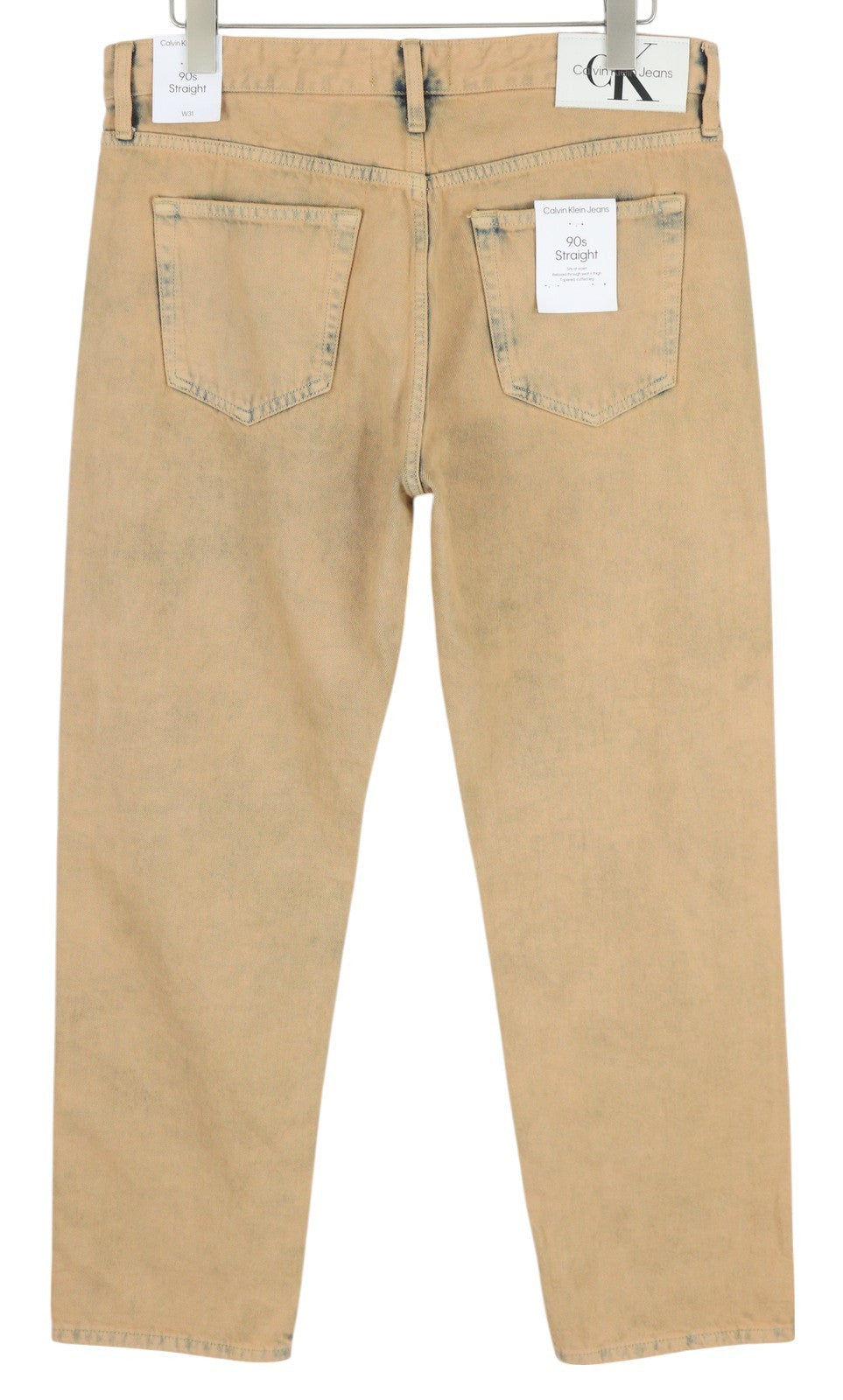 CALVIN KLEIN 90-ųjų tiesūs vyriški džinsai W31 išblukintos rudos spalvos su užtrauktuku ir logotipu, rekomenduojama kaina – 119 € 