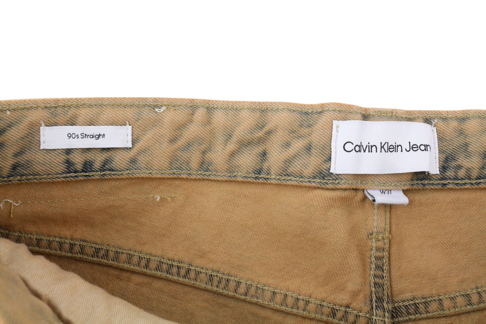CALVIN KLEIN 90-ųjų tiesūs vyriški džinsai W31 išblukintos rudos spalvos su užtrauktuku ir logotipu, rekomenduojama kaina – 119 € 