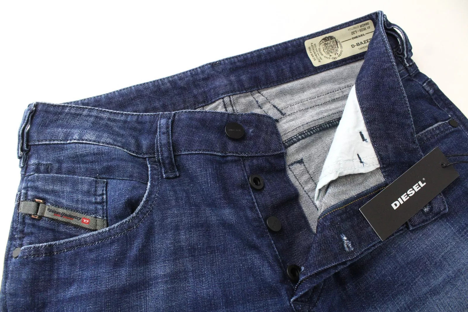 DIESEL D-Bazer 084GR vyriški siaurėjantys skalbti mėlyni medvilniniai tamprūs džinsai W29 L32 