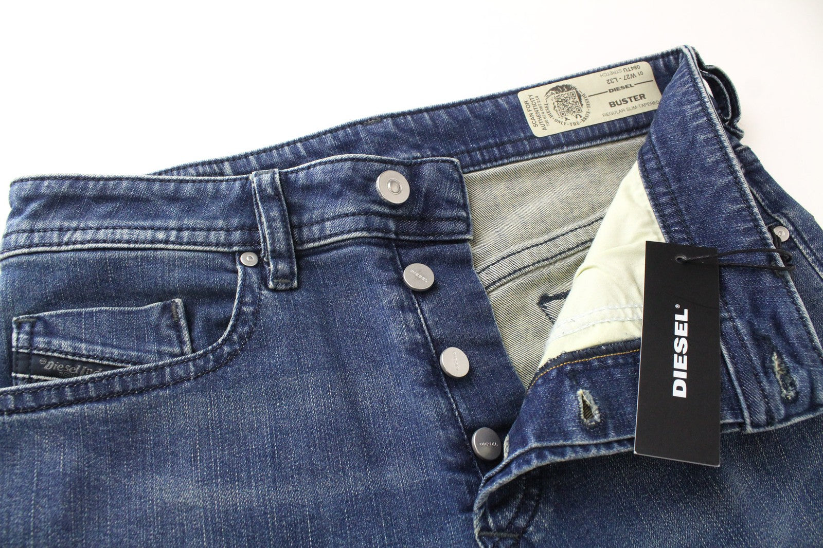DIESEL Buster 084TU vyriški mėlyni medvilniniai tamprūs, siaurėjantys džinsai, W27 L32 