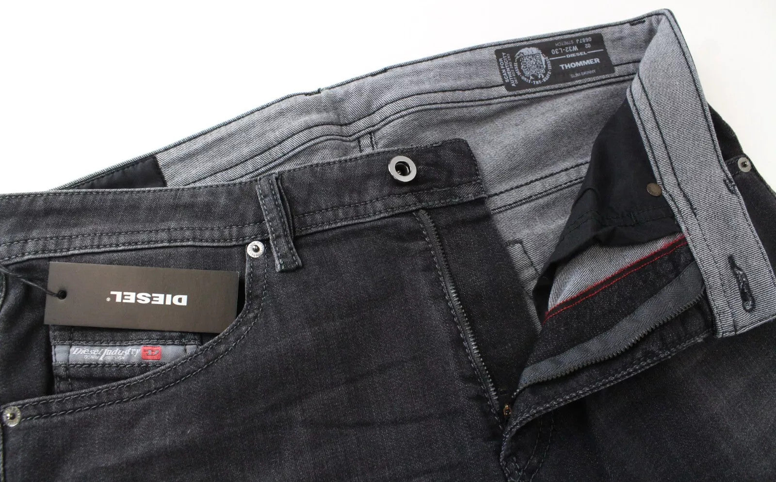 DIESEL Thommer 0687J vyriški W32 L30 Slim Skinny pilki medvilniniai džinsai, tamprūs 