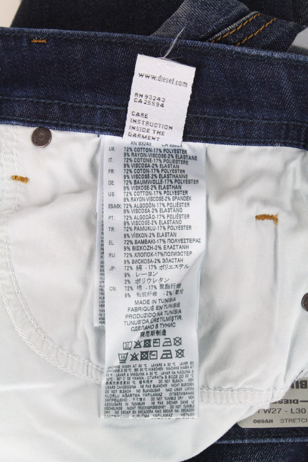 DIESEL Buster 069AH vyriški džinsai W27/L30 mėlyni, siaurėjantys, dirbtinio apnašų efekto 