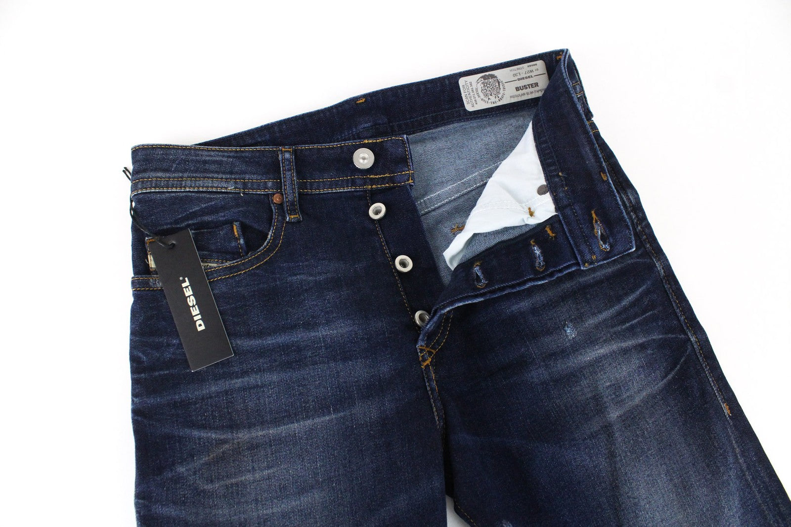 DIESEL Buster 069AH vyriški džinsai W27/L30 mėlyni, siaurėjantys, dirbtinio apnašų efekto 