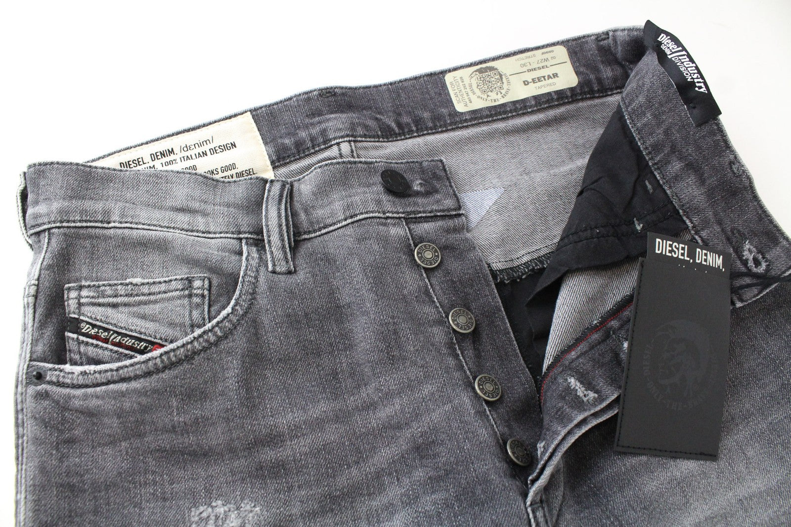 DIESEL D-Eetar 0890F vyriški džinsai W27/L30 pilki, plėšytos medvilnės, siaurėjančio kirpimo 