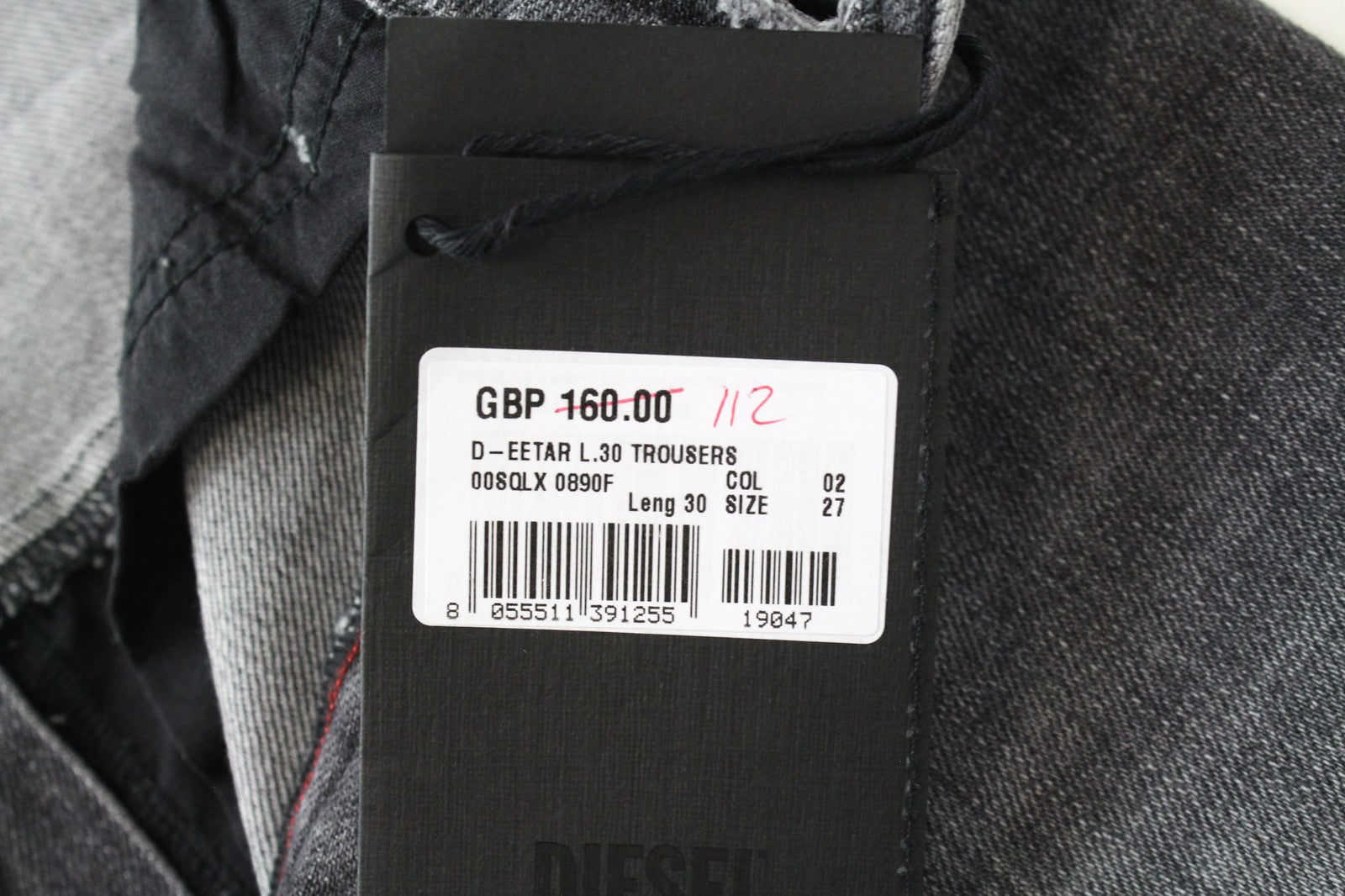 DIESEL D-Eetar 0890F vyriški džinsai W27/L30 pilki, plėšytos medvilnės, siaurėjančio kirpimo 