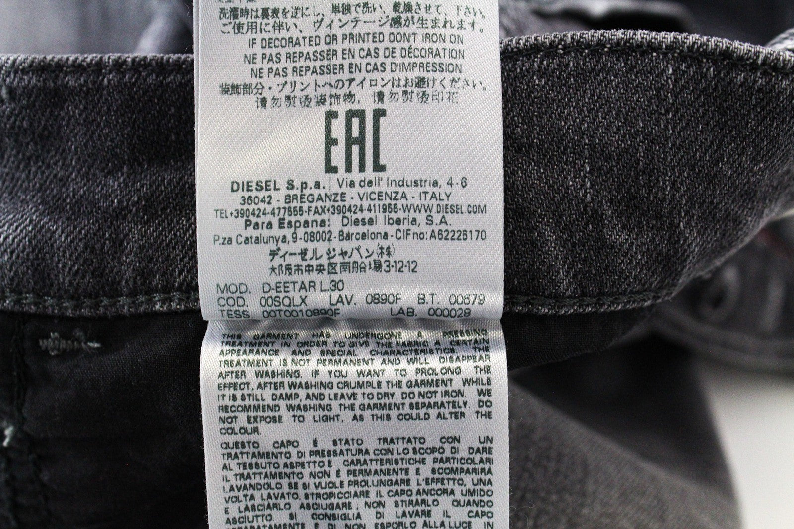 DIESEL D-Eetar 0890F vyriški džinsai W27/L30 pilki, plėšytos medvilnės, siaurėjančio kirpimo 