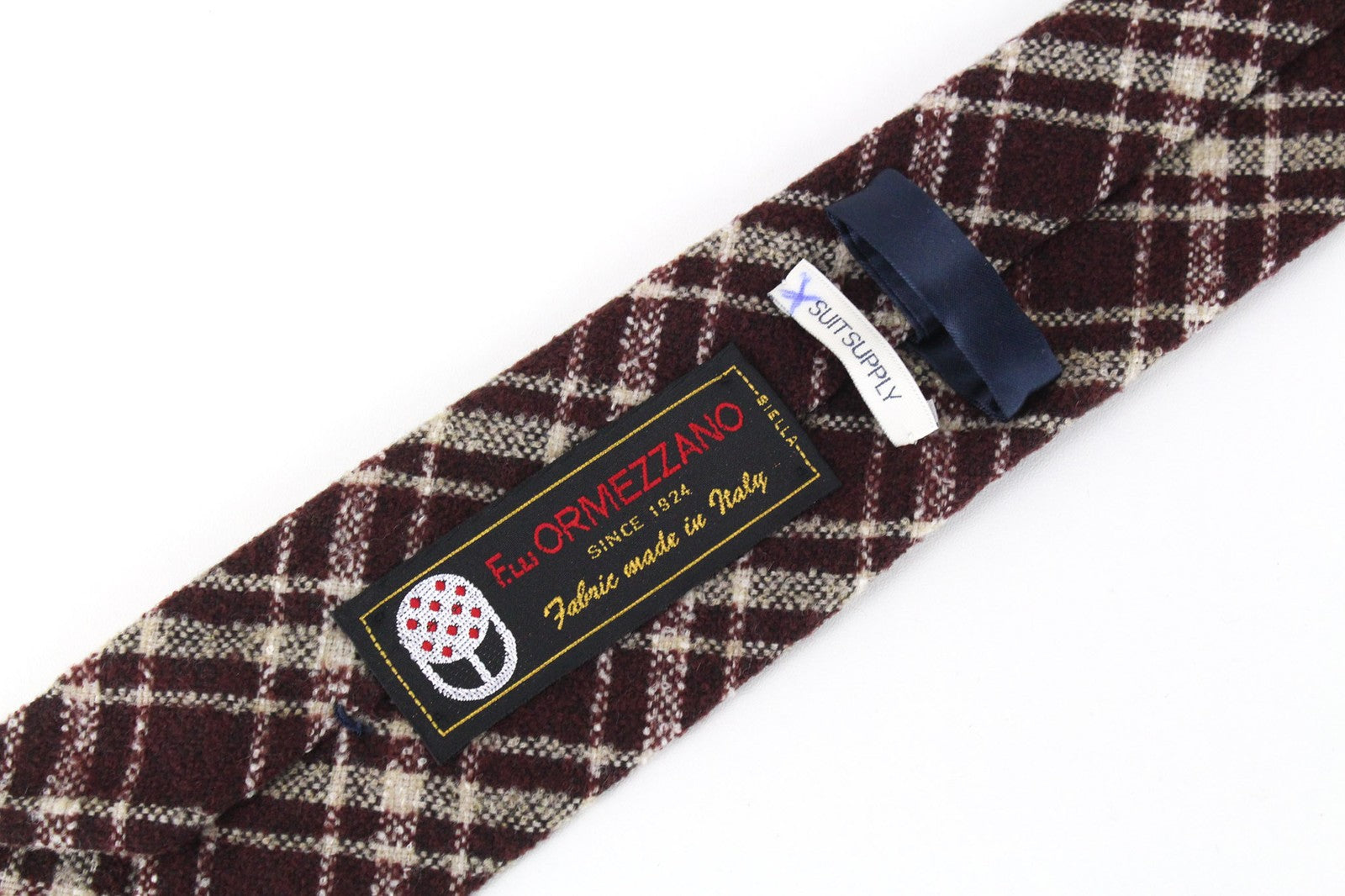 SUITSUPPLY vyriškas vyno raudonumo kaklaraištis ~150 x 8 cm megztas languotas vilnonis smailios siūlės 