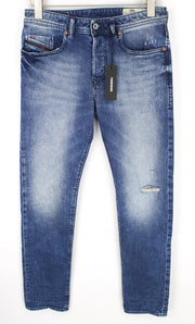 DIESEL Buster 081AQ vyriški džinsai W29/L32 mėlyni, ploni, siaurėjantys, su dirbtiniais dryžiais 