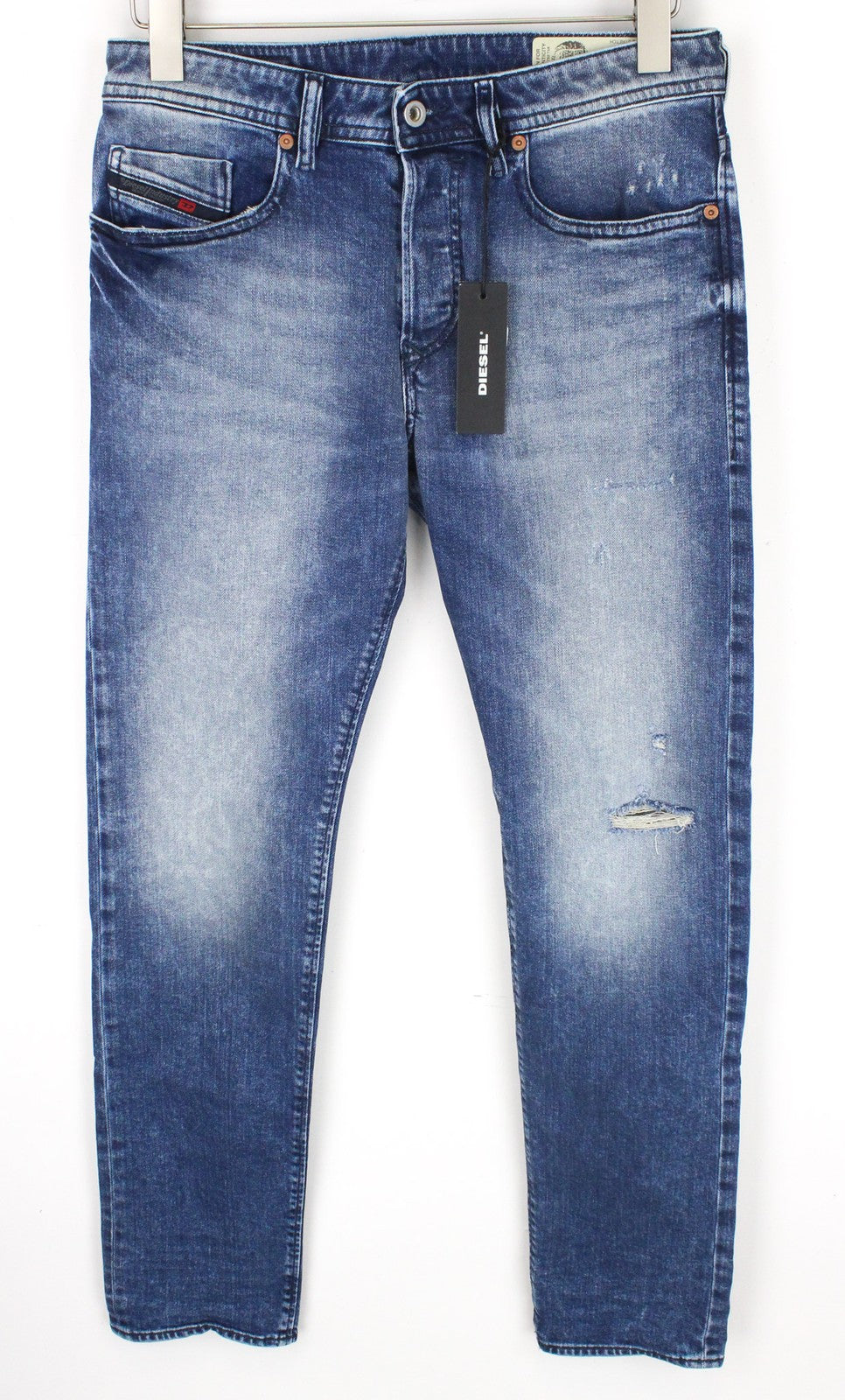 DIESEL Buster 081AQ vyriški džinsai W29/L32 mėlyni, ploni, siaurėjantys, su dirbtiniais dryžiais 