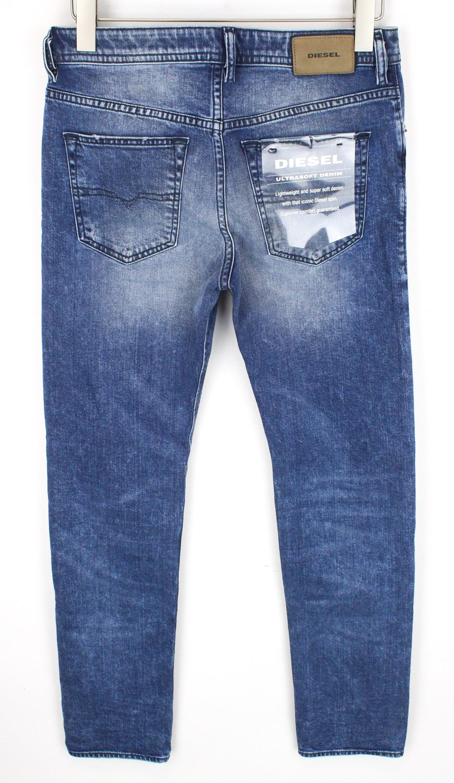 DIESEL Buster 081AQ vyriški džinsai W29/L32 mėlyni, ploni, siaurėjantys, su dirbtiniais dryžiais 