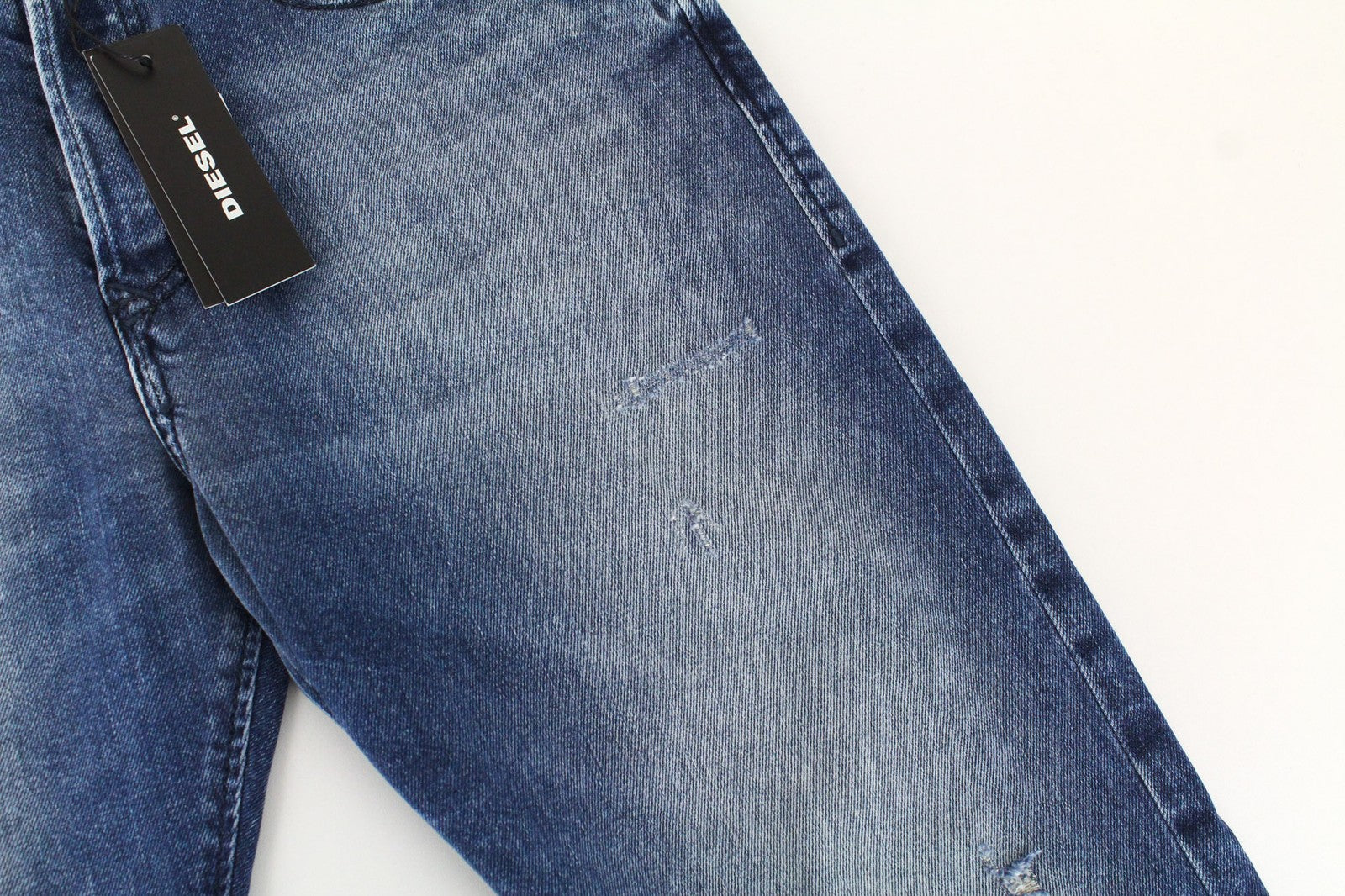 DIESEL Buster 081AQ vyriški džinsai W29/L32 mėlyni, ploni, siaurėjantys, su dirbtiniais dryžiais 