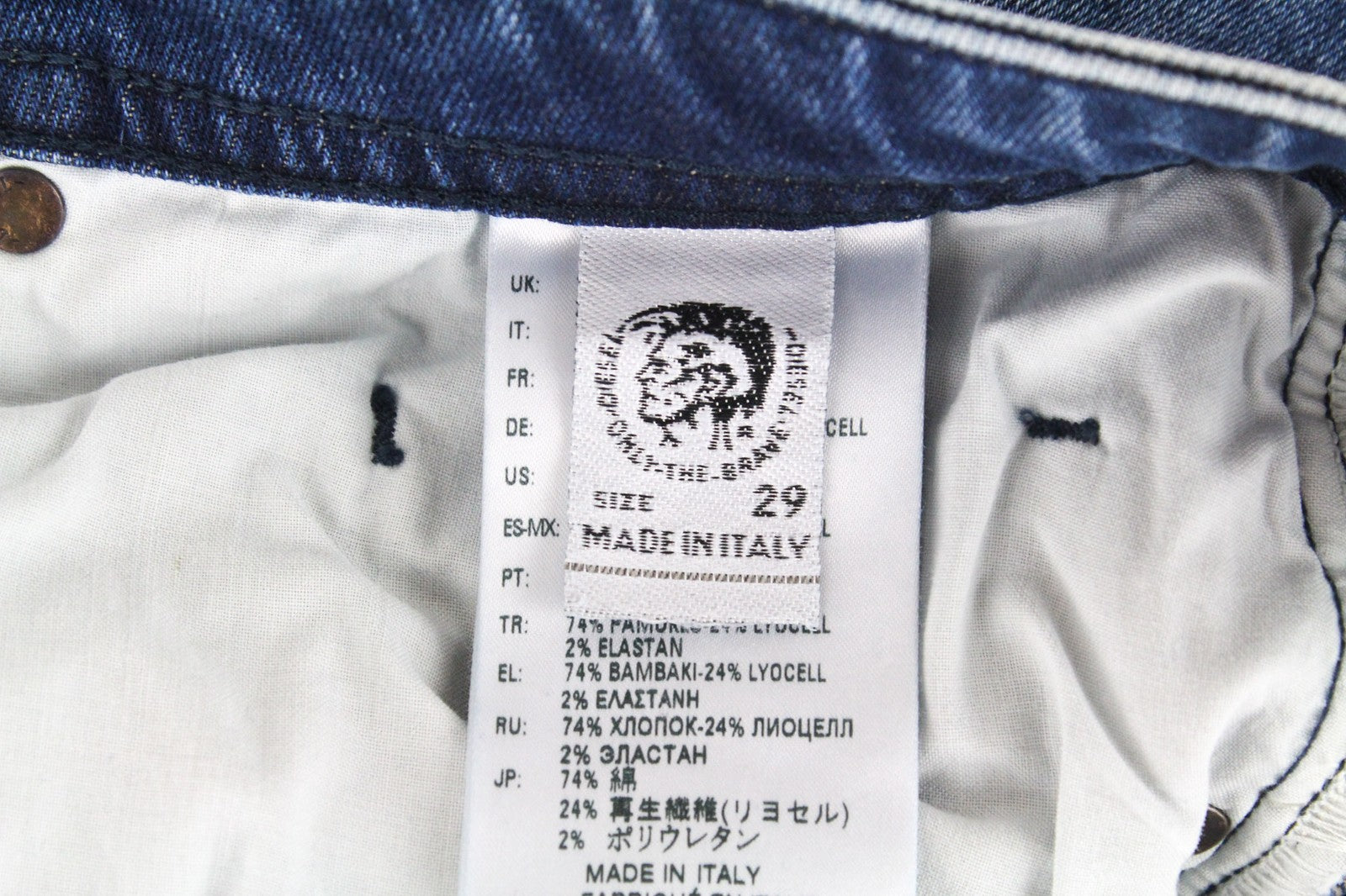 DIESEL Buster 081AQ vyriški džinsai W29/L32 mėlyni, ploni, siaurėjantys, su dirbtiniais dryžiais 