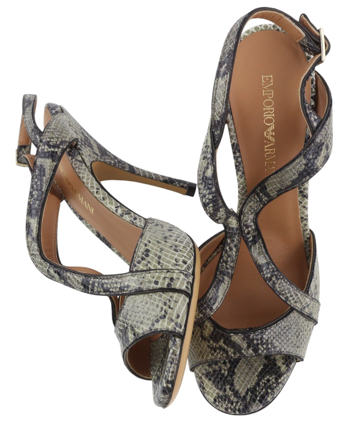 EMPORIO ARMANI moteriški aukštakulniai, 37 €, žalios odos, gyvatės rašto, sagtimi. Basutės. 