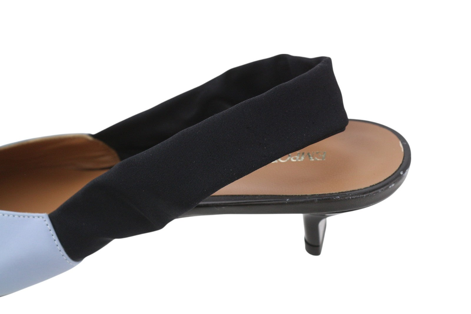 EMPORIO ARMANI moteriški aukštakulniai, 37 dydis, mėlyna oda, smaili nosis, užsegami logotipu, laisvalaikio stiliaus. 