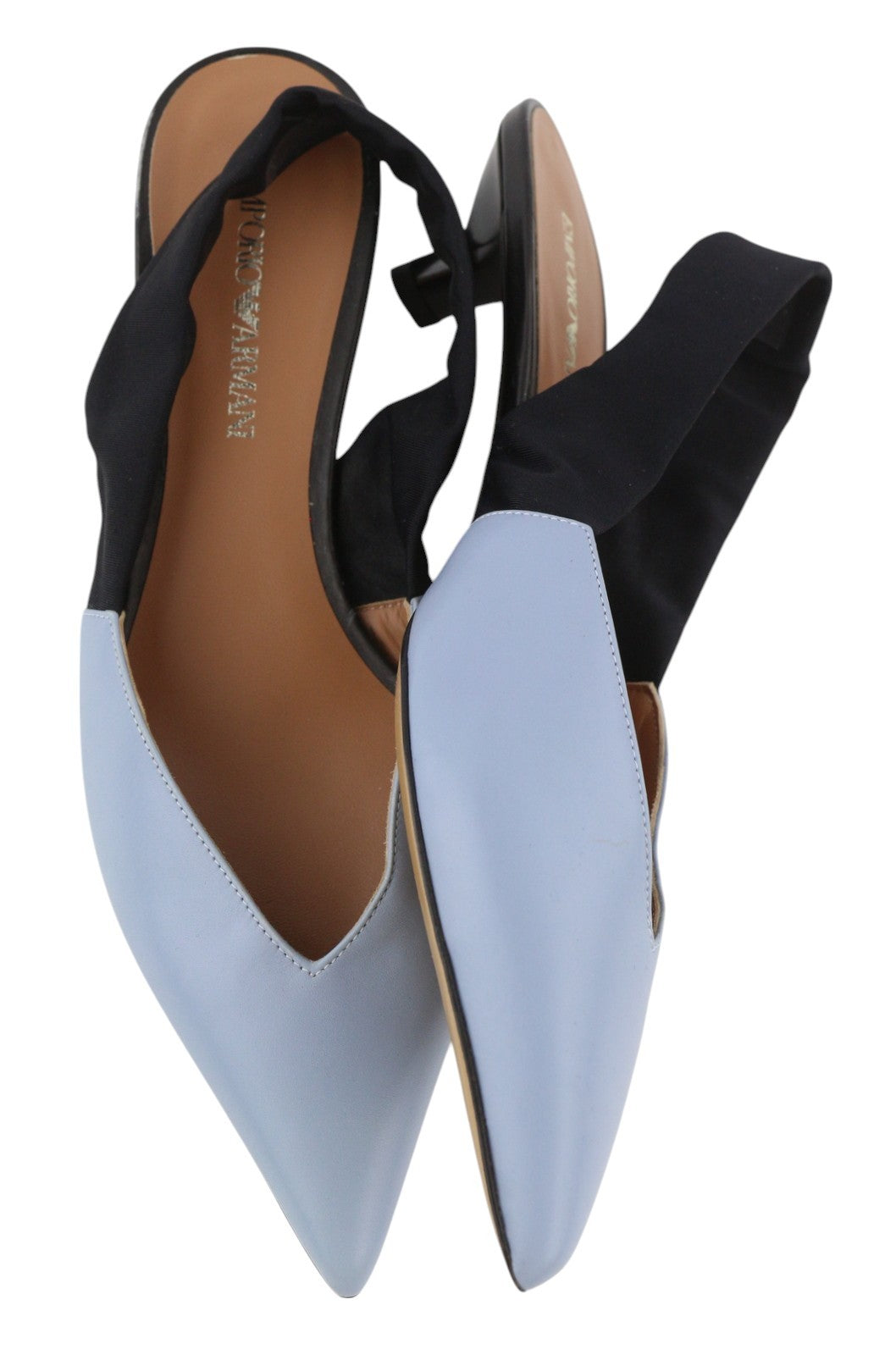 EMPORIO ARMANI moteriški aukštakulniai, 37 dydis, mėlyna oda, smaili nosis, užsegami logotipu, laisvalaikio stiliaus. 