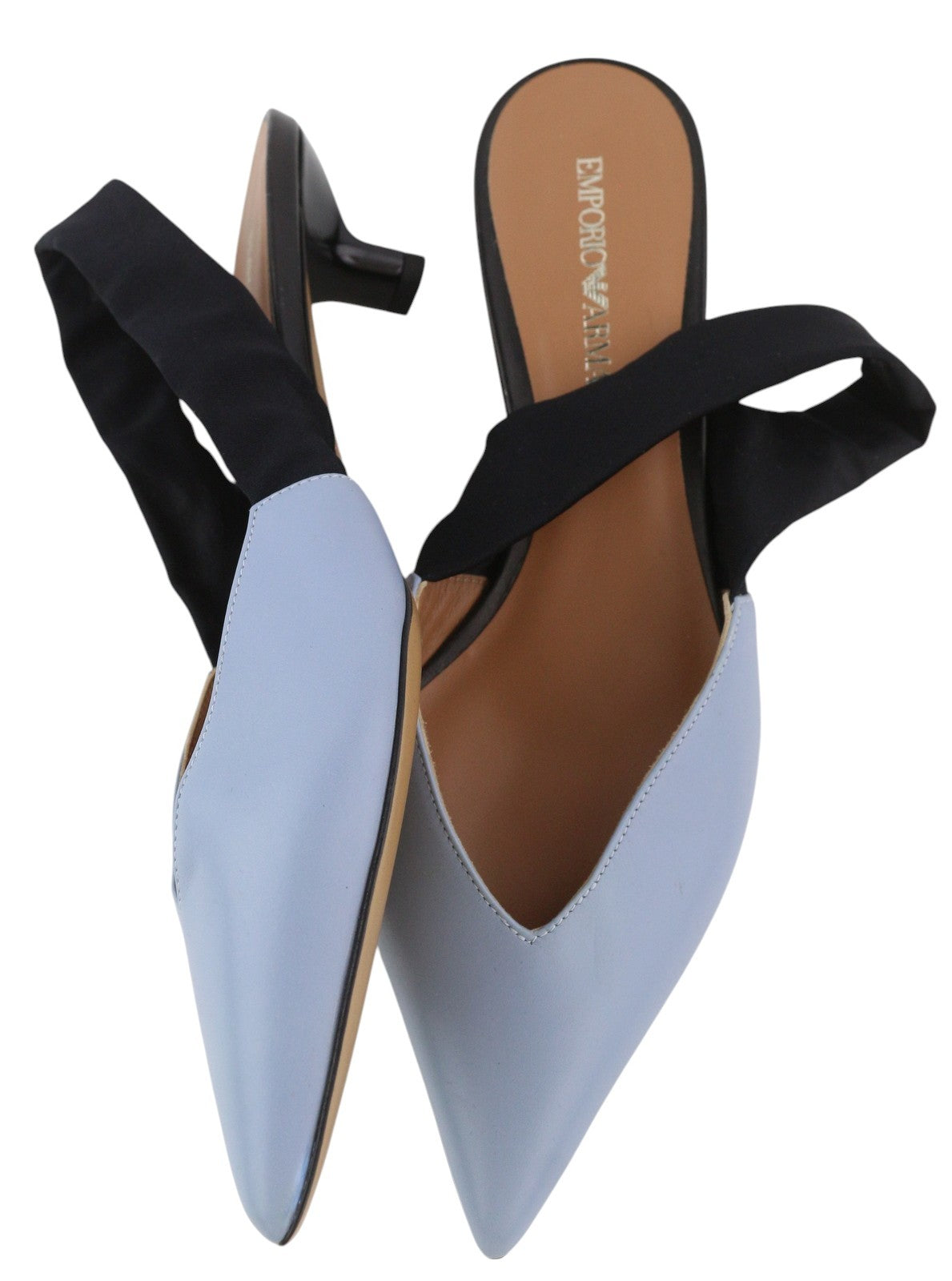 EMPORIO ARMANI moteriški aukštakulniai, 37 dydis, mėlyna oda, smaili nosis, užsegami logotipu, laisvalaikio stiliaus. 