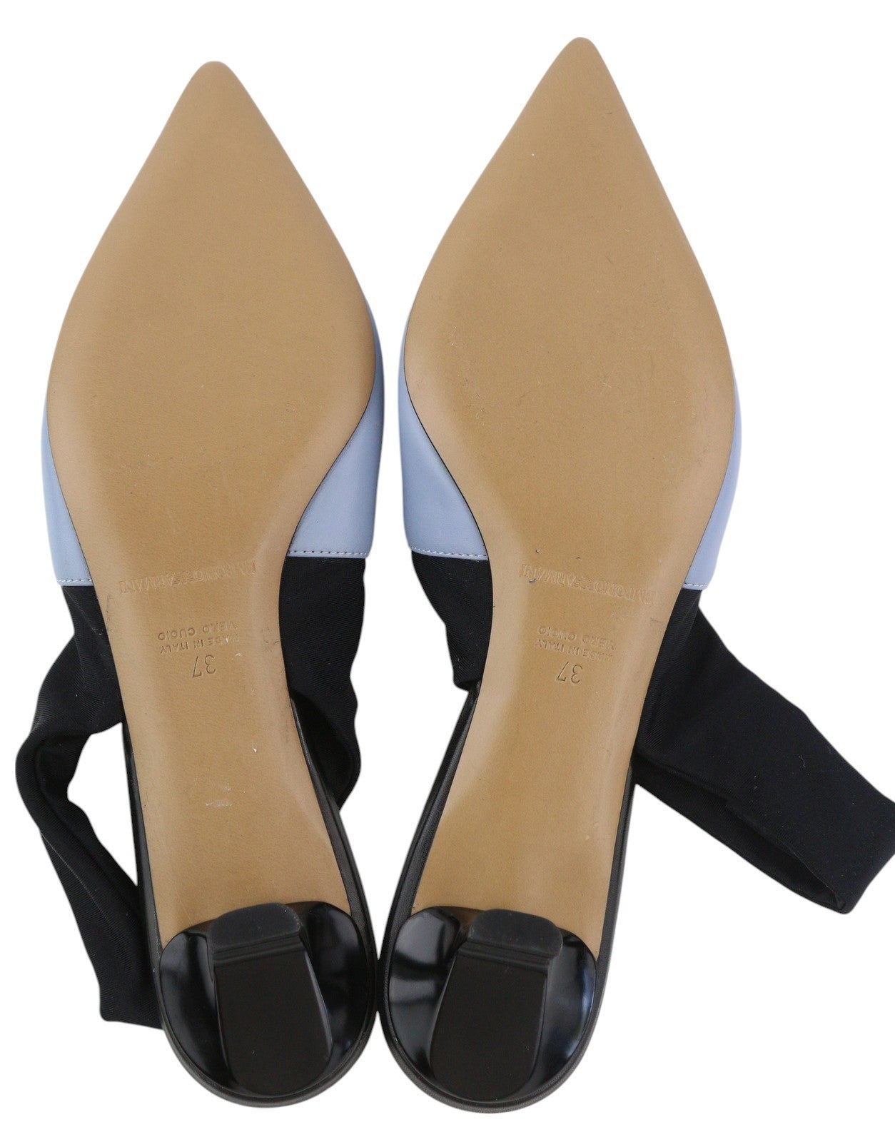 EMPORIO ARMANI moteriški aukštakulniai, 37 dydis, mėlyna oda, smaili nosis, užsegami logotipu, laisvalaikio stiliaus. 