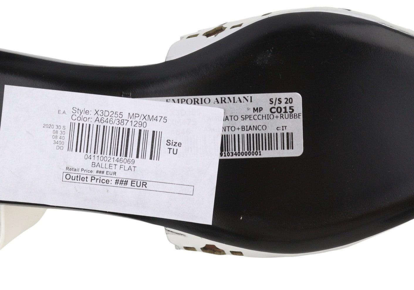 EMPORIO ARMANI X3D255 moteriški bateliai be kulno, 37 dydžio, blizgantys sidabriniai, užsegami, smailiu nosimi. 