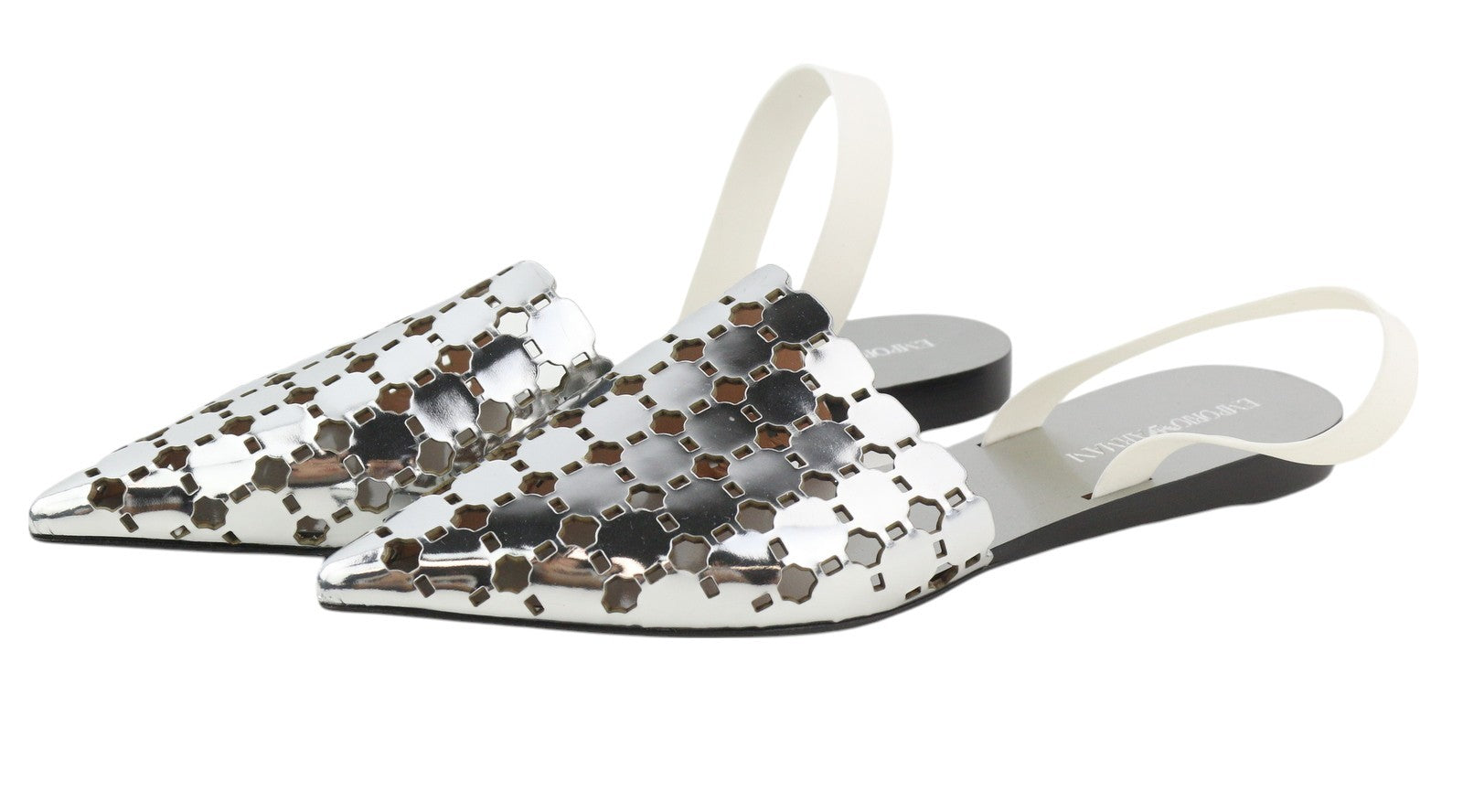 EMPORIO ARMANI X3D255 moteriški bateliai be kulno, 37 dydžio, blizgantys sidabriniai, užsegami, smailiu nosimi. 