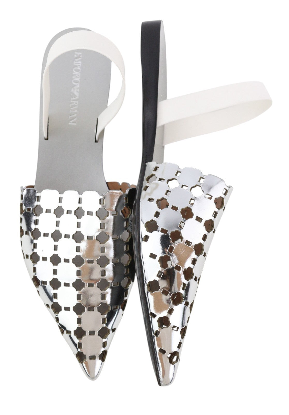 EMPORIO ARMANI X3D255 moteriški bateliai be kulno, 37 dydžio, blizgantys sidabriniai, užsegami, smailiu nosimi. 