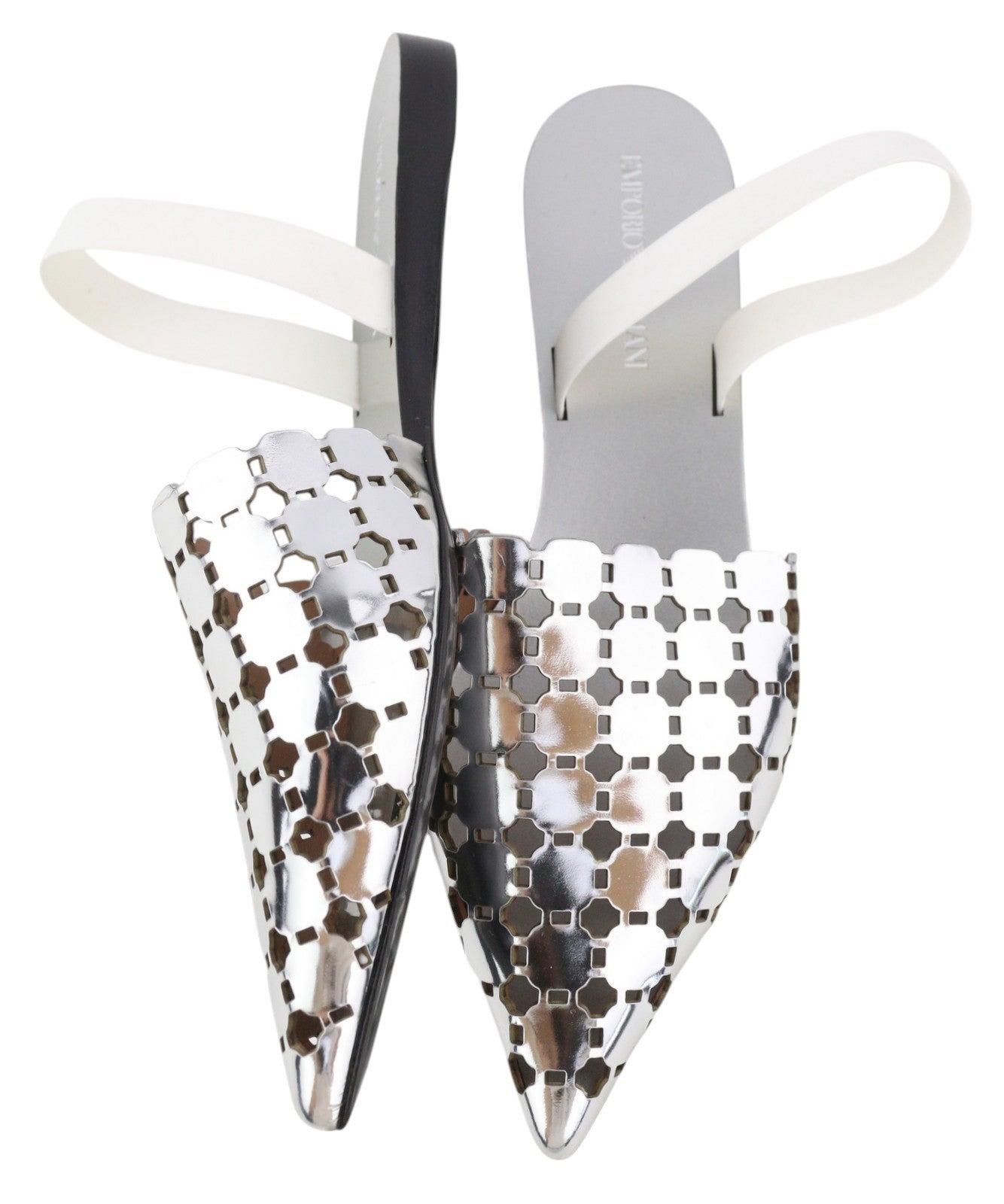 EMPORIO ARMANI X3D255 moteriški bateliai be kulno, 37 dydžio, blizgantys sidabriniai, užsegami, smailiu nosimi. 