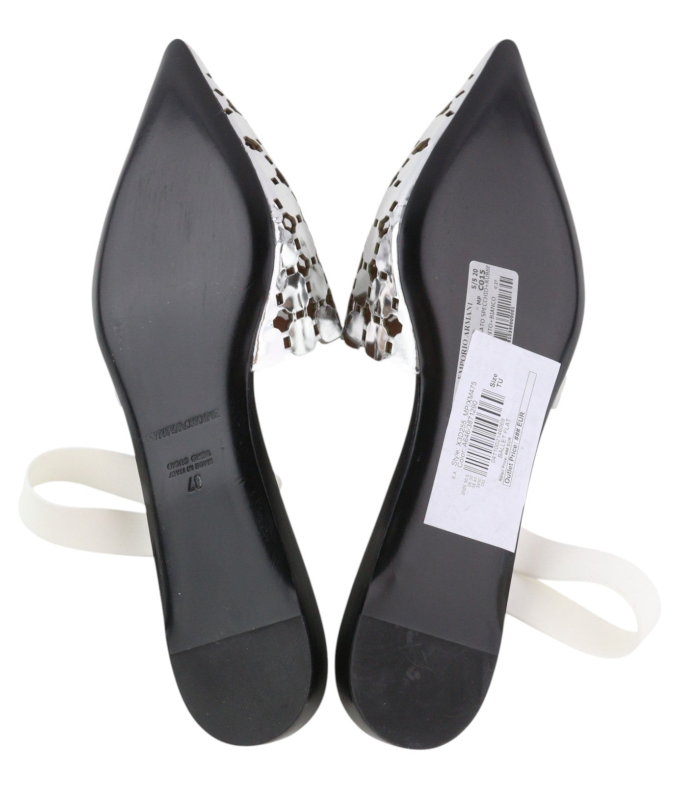 EMPORIO ARMANI X3D255 moteriški bateliai be kulno, 37 dydžio, blizgantys sidabriniai, užsegami, smailiu nosimi. 