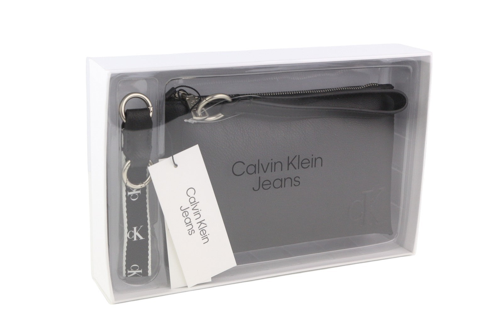 CALVIN KLEIN Make-Up + D-Ring Keyfob vyriška rankinė su juoda ir dengta logotipu, unisex RRP89 