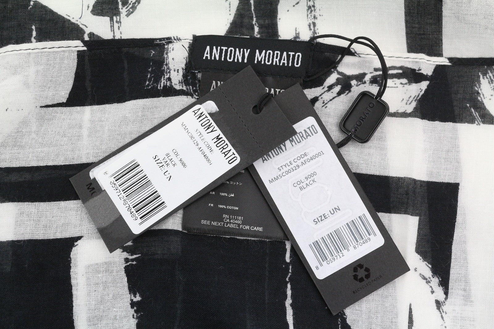 ANTONY MORATO moteriškas šalikas OS juodai baltas medvilninis raštuotas apvyniojimas laisvalaikio unisex