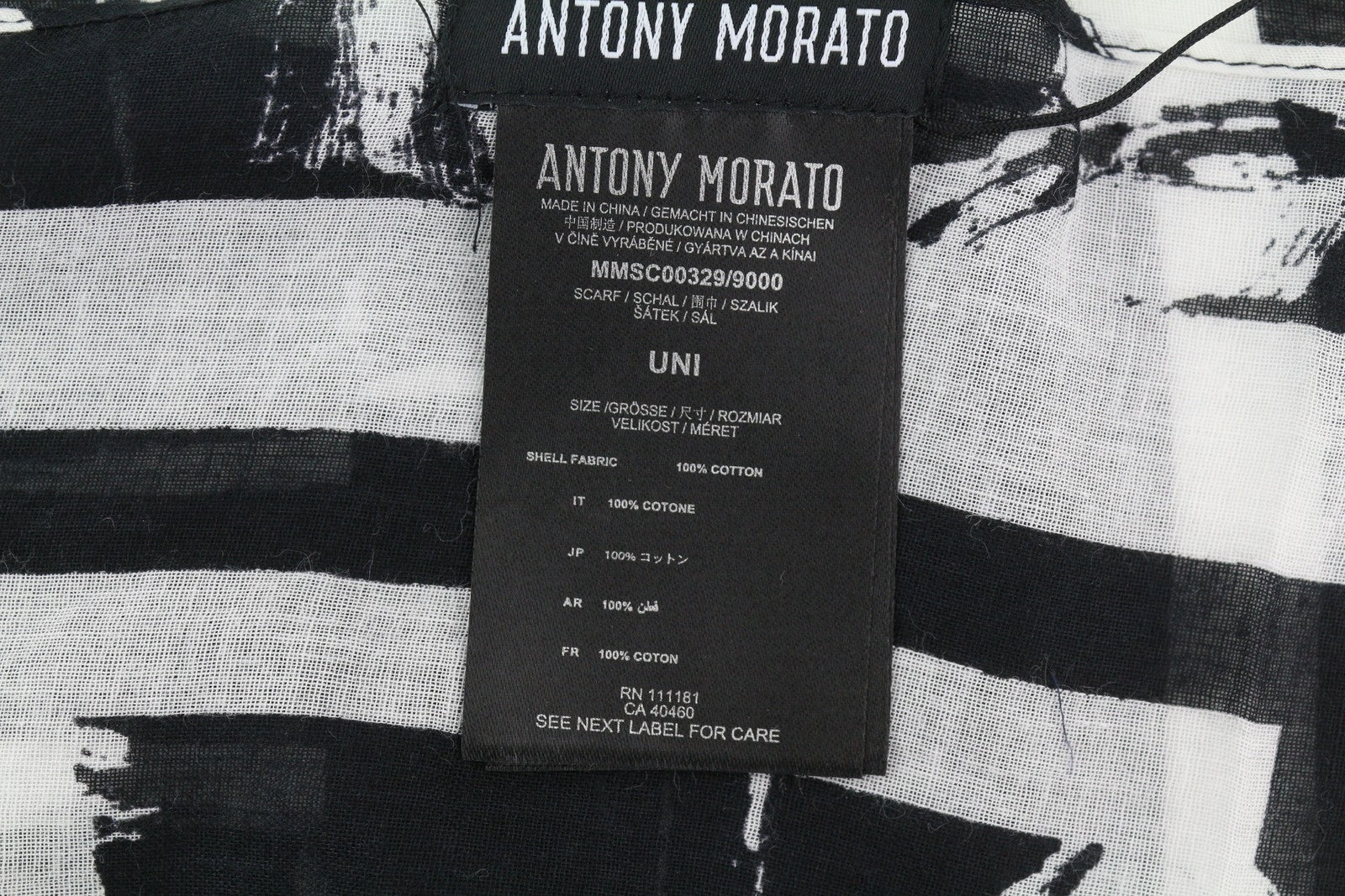 ANTONY MORATO moteriškas šalikas OS juodai baltas medvilninis raštuotas apvyniojimas laisvalaikio unisex