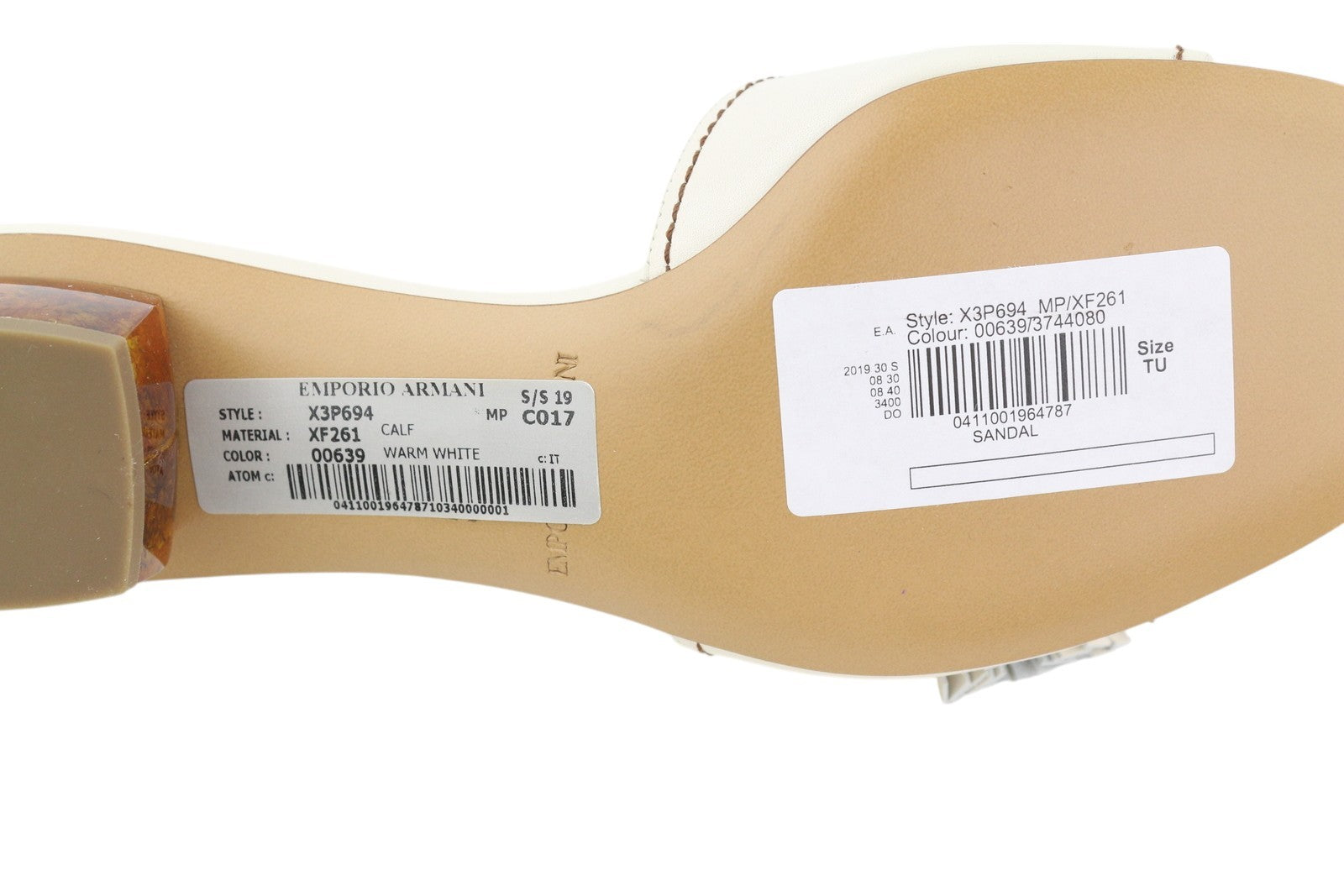 EMPORIO ARMANI X3P694 moteriški bateliai be kulno, 37 dydžio, baltos odos, su kutais ir užsegamais aukštakulniais. 