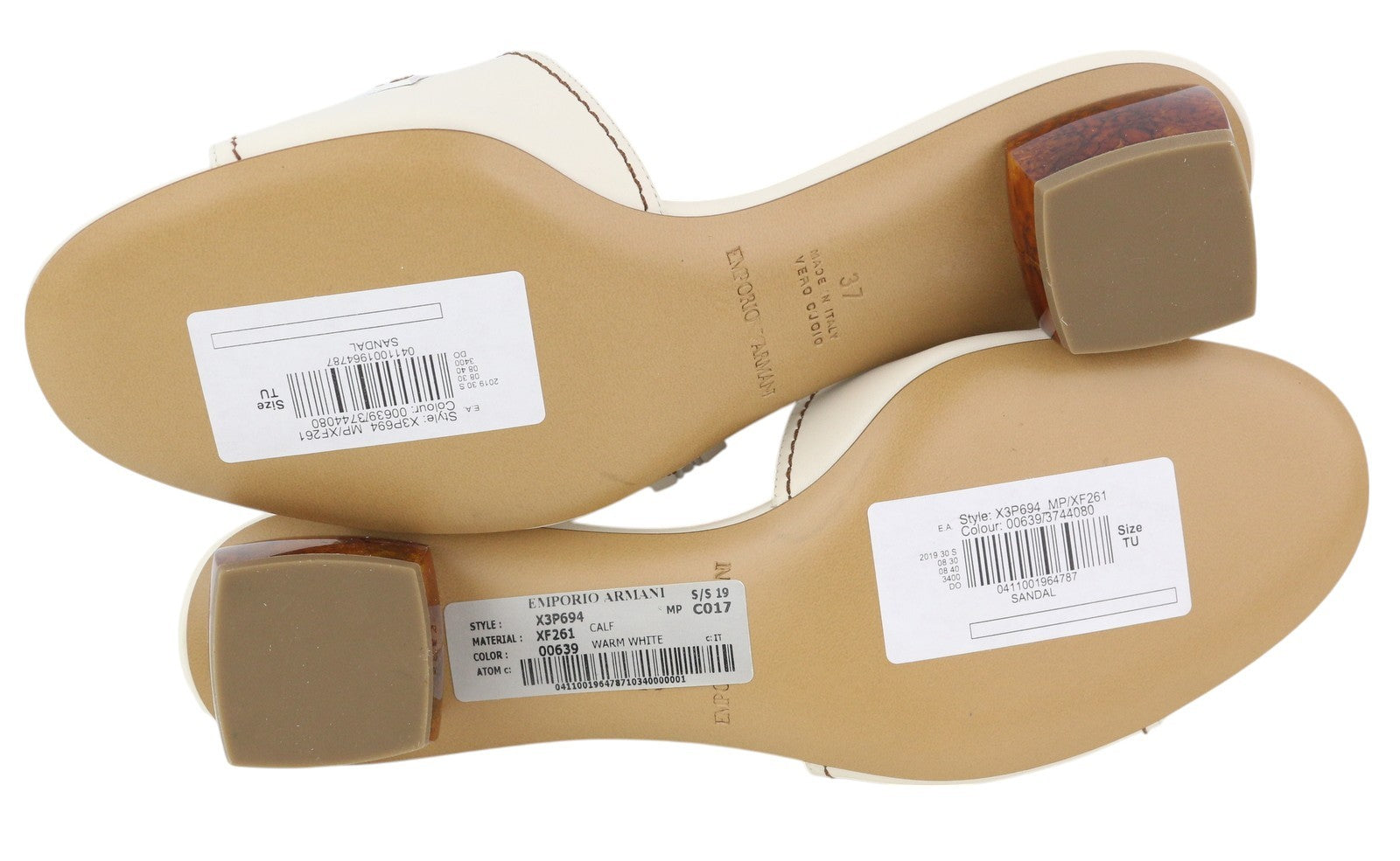 EMPORIO ARMANI X3P694 moteriški bateliai be kulno, 37 dydžio, baltos odos, su kutais ir užsegamais aukštakulniais. 