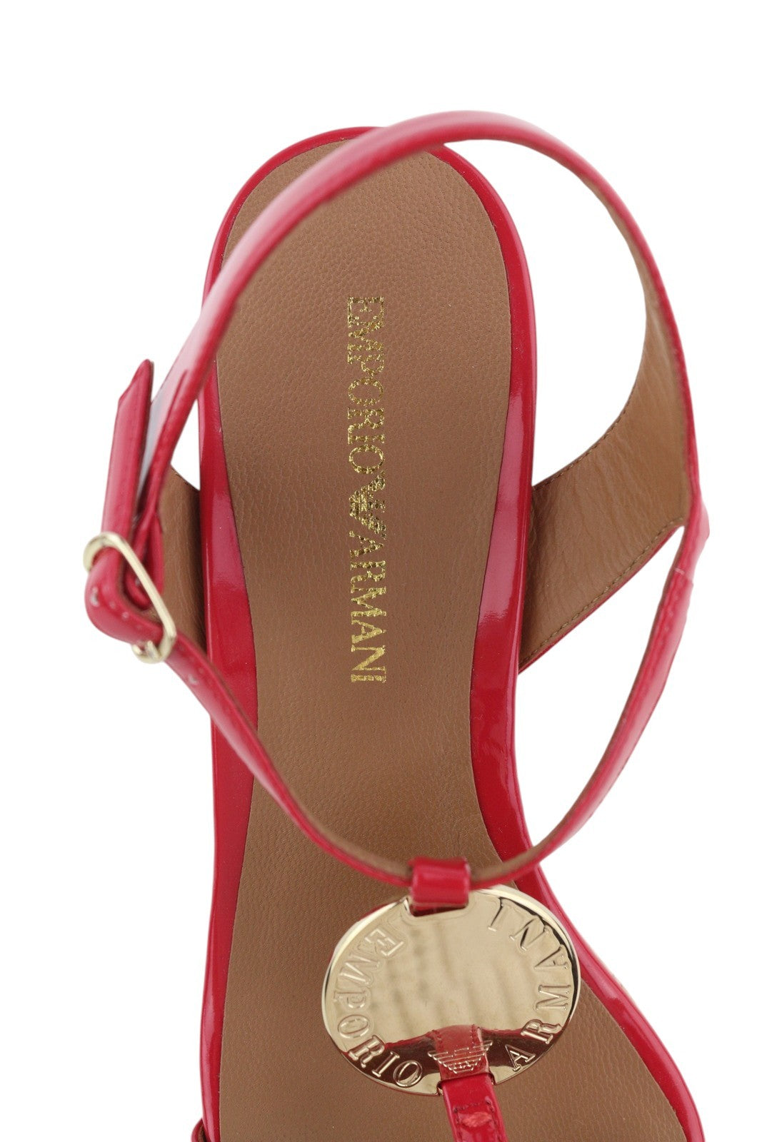 EMPORIO ARMANI X3U067 moteriškos basutės, 37 €, raudonos lakuotos odos, pleišto formos kulnas, laisvalaikio stiliaus. 