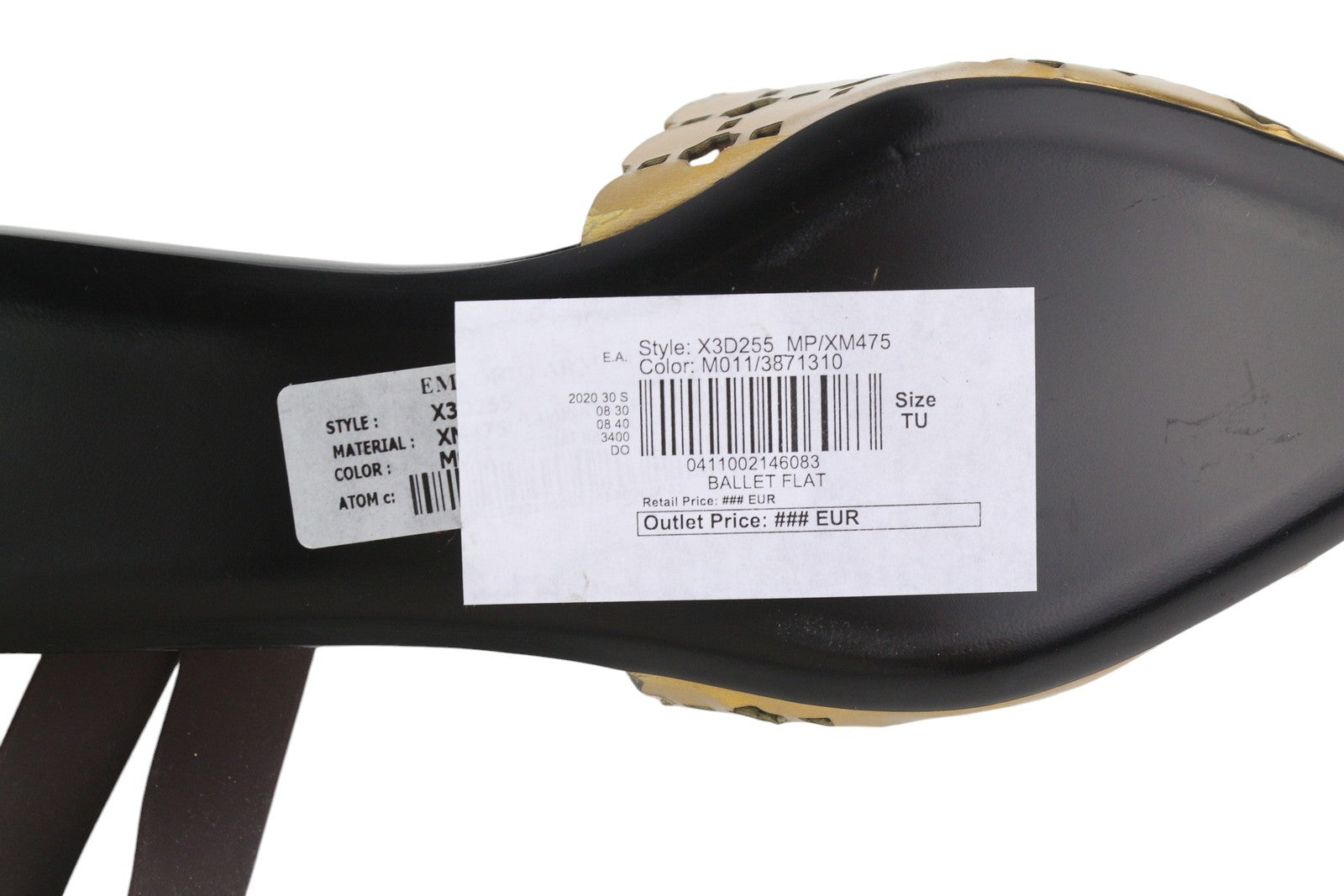 EMPORIO ARMANI X3D255 moteriški bateliai su blizgia auksine nosele, EU37, laisvalaikio stiliaus. 