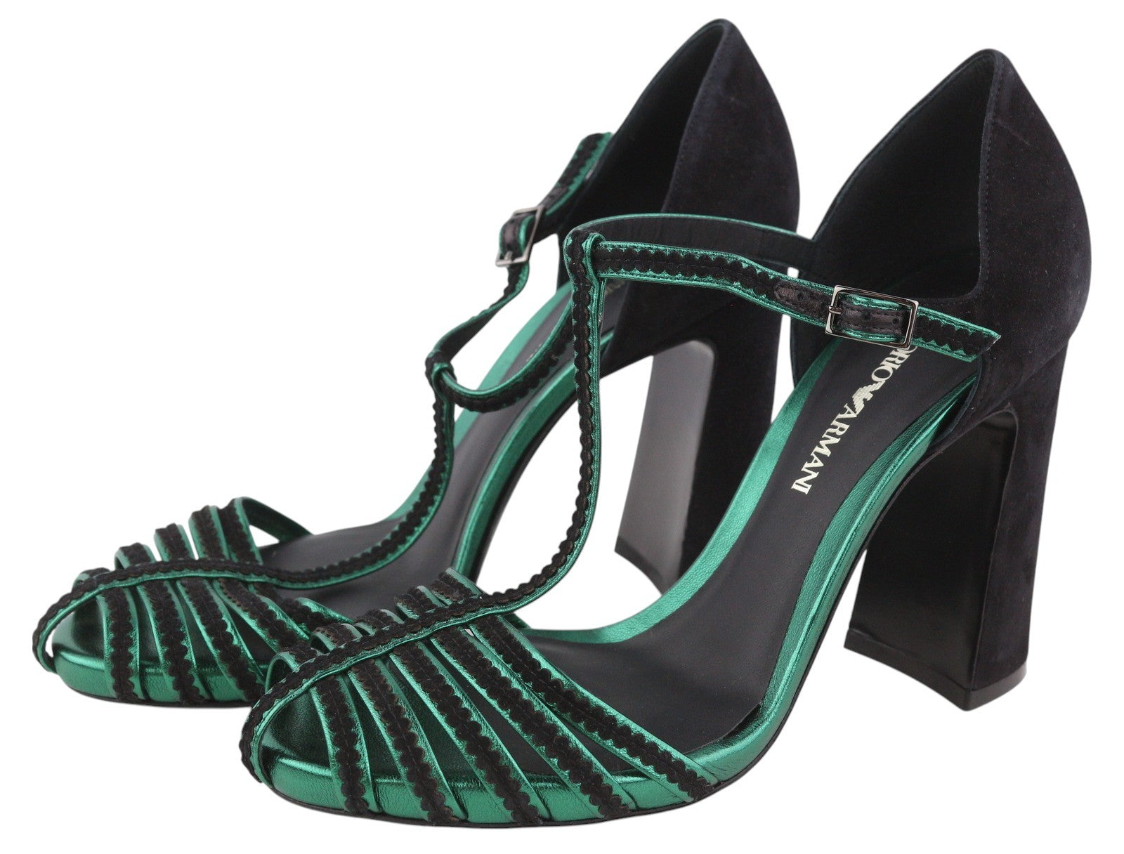 EMPORIO ARMANI moteriški aukštakulniai, 37 €, juodos zomšos, odinės, dirželiais sagtimis su sagtimi, basutės 