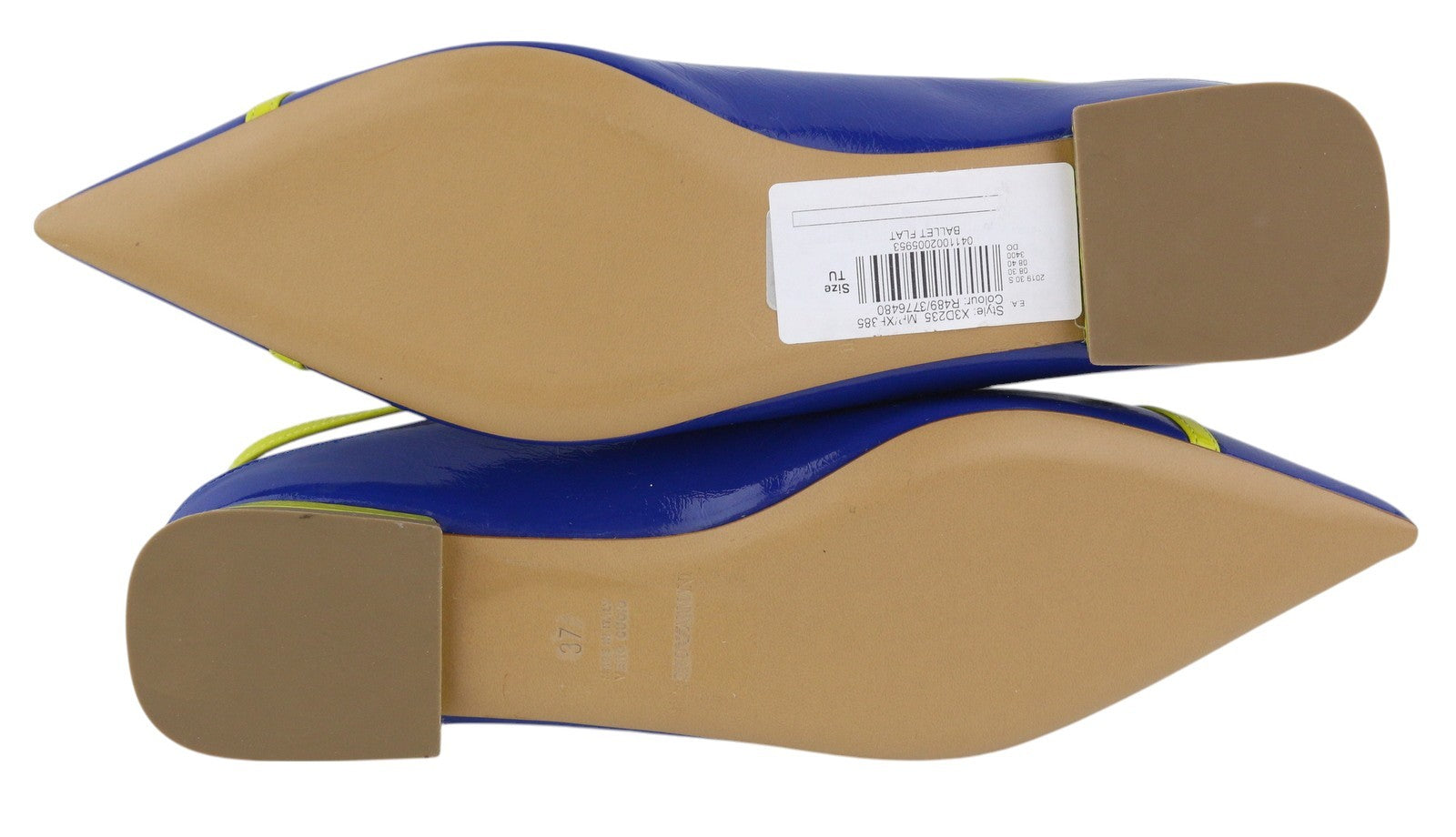 EMPORIO ARMANI X3D235 moteriški bateliai be kulno, EU37, blizgios odos, smailios nosies, su dirželiu sagtimi. 