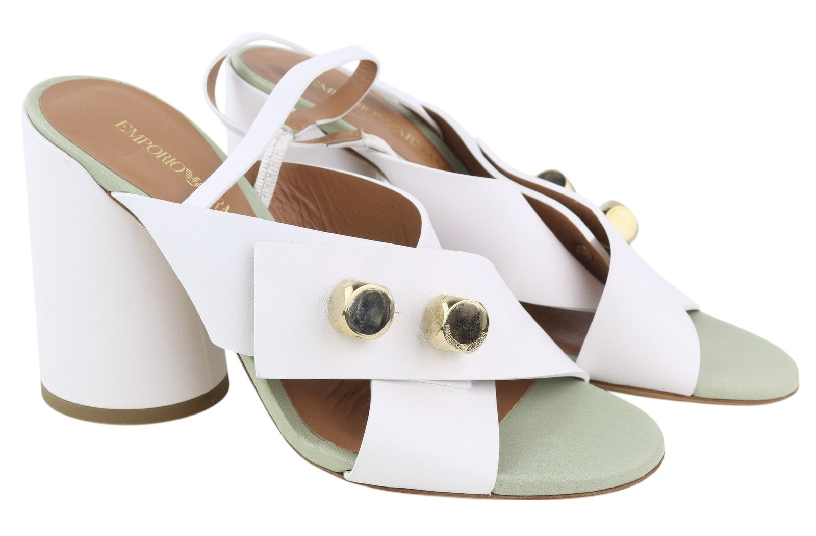 EMPORIO ARMANI X3P727 moteriški aukštakulniai, 37 dydžio, baltos odos, aukso spalvos detalėmis, basutės. 