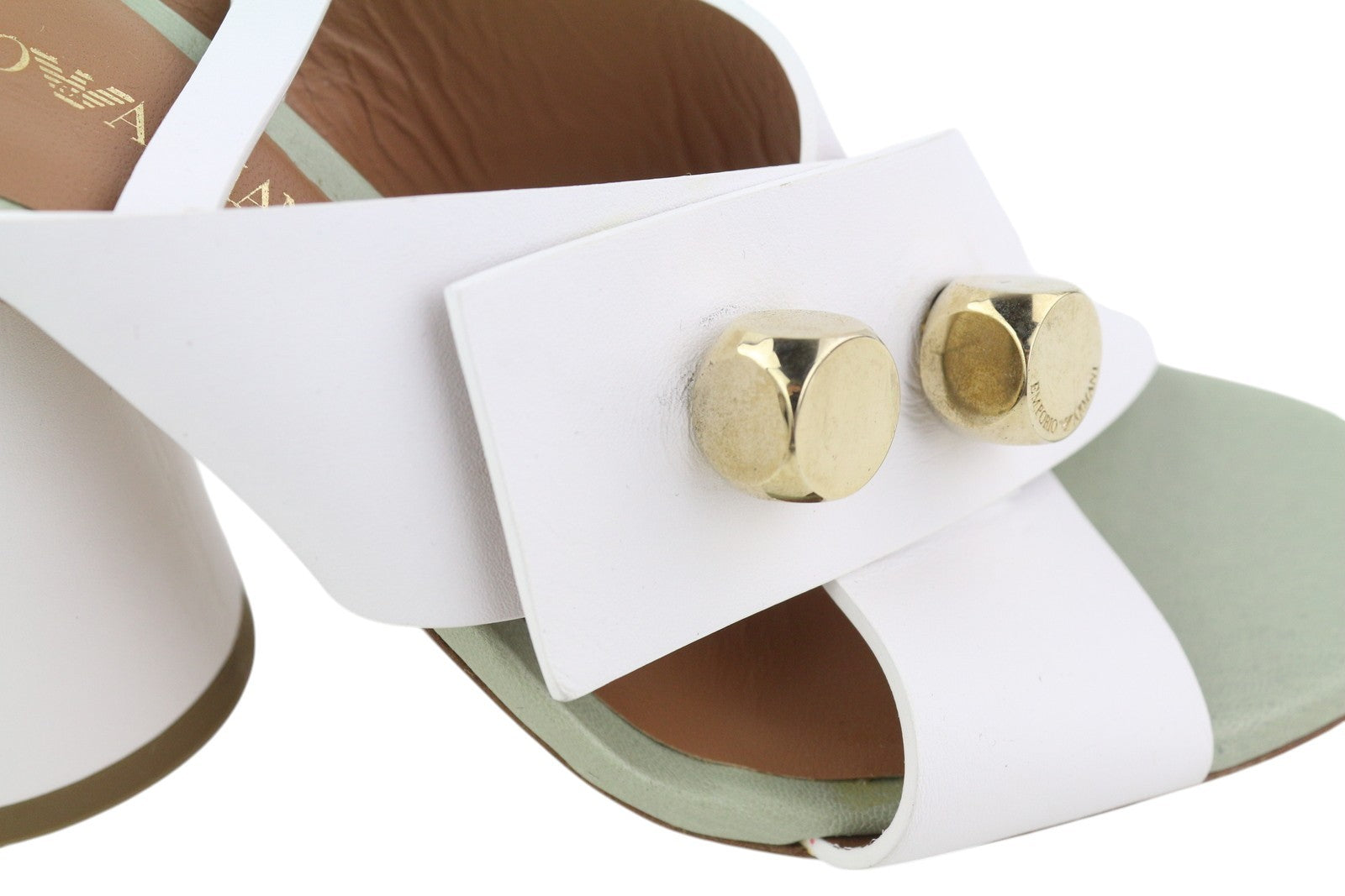 EMPORIO ARMANI X3P727 moteriški aukštakulniai, 37 dydžio, baltos odos, aukso spalvos detalėmis, basutės. 