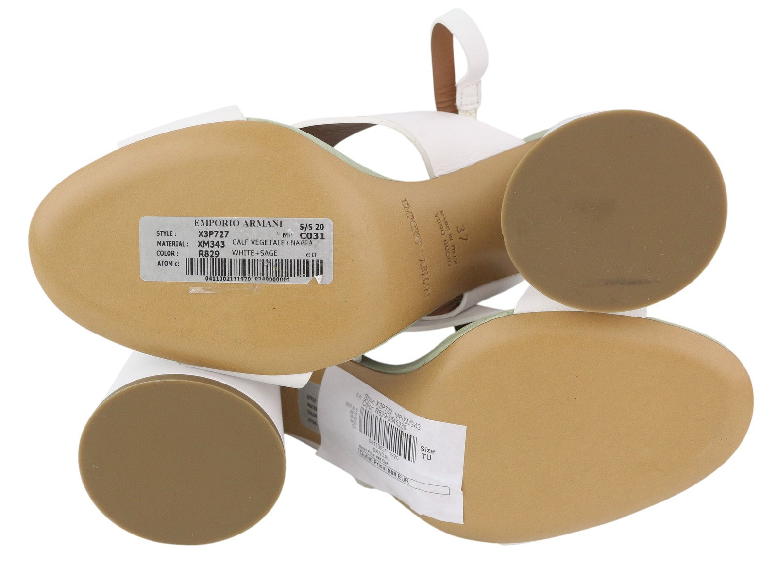 EMPORIO ARMANI X3P727 moteriški aukštakulniai, 37 dydžio, baltos odos, aukso spalvos detalėmis, basutės. 