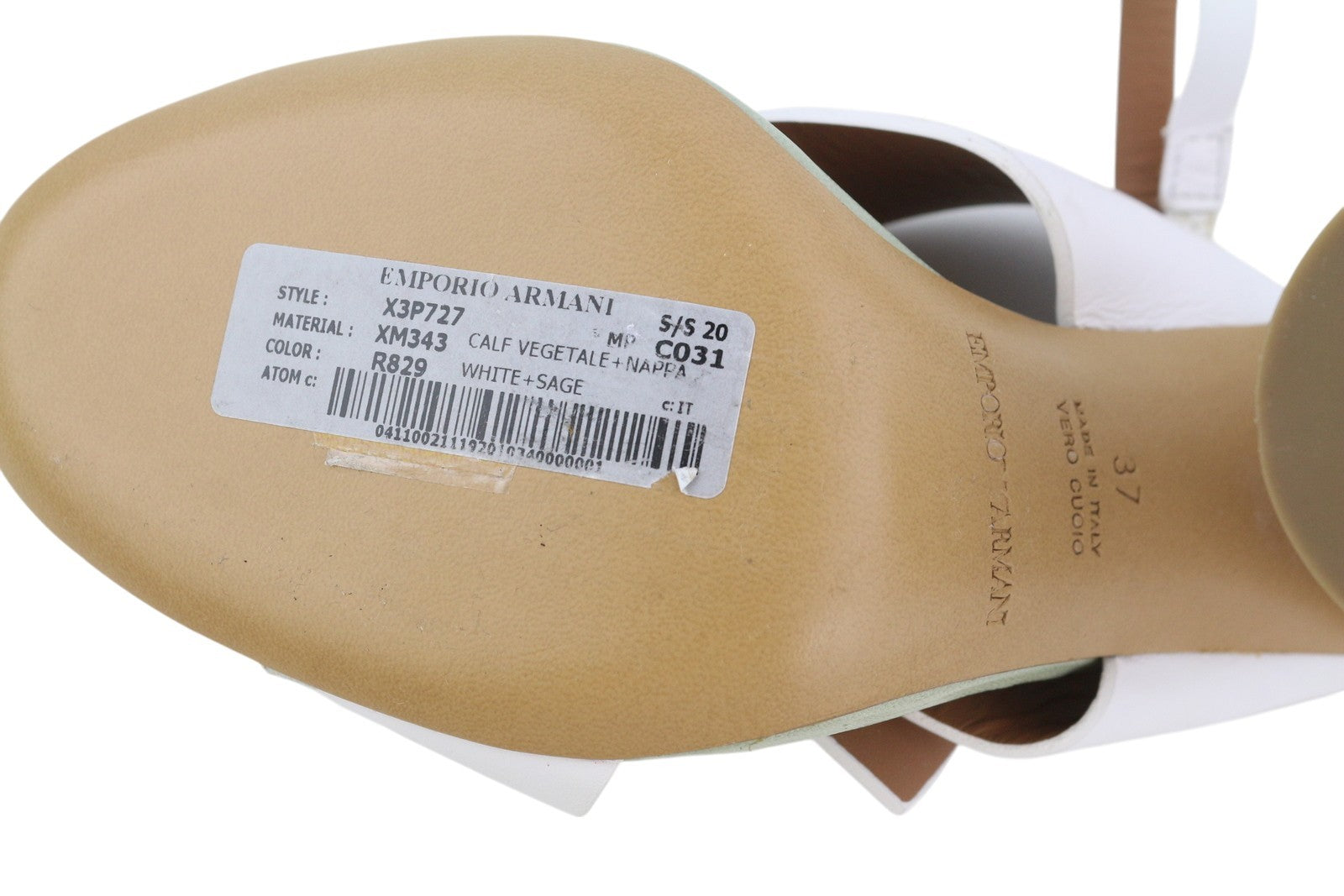 EMPORIO ARMANI X3P727 moteriški aukštakulniai, 37 dydžio, baltos odos, aukso spalvos detalėmis, basutės. 