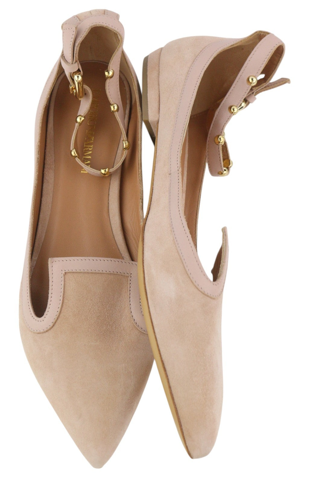 EMPORIO ARMANI X3D225 moteriški bateliai su zomša ir odiniais padais, rožinės spalvos, su smailiomis nosimis. 