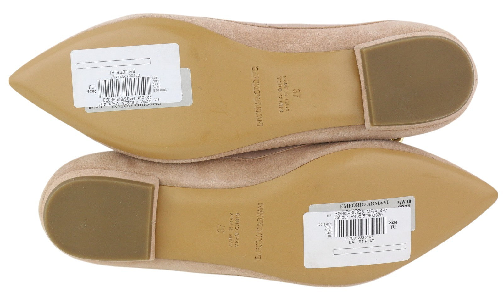 EMPORIO ARMANI X3D225 moteriški bateliai su zomša ir odiniais padais, rožinės spalvos, su smailiomis nosimis. 