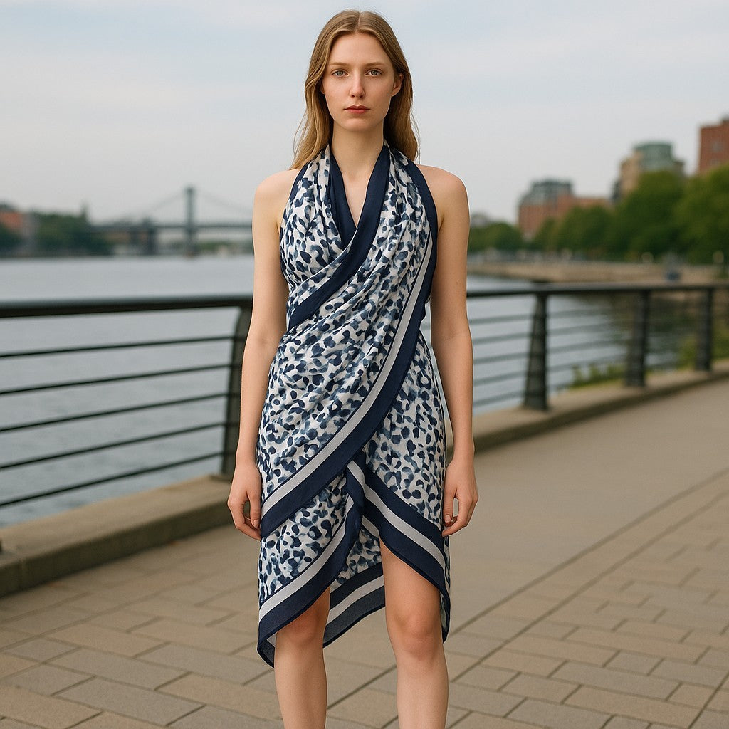 ANTONY MORATO moteriškas šalikas OS mėlyna balta raštuota apklotė laisvalaikio paplūdimio apranga