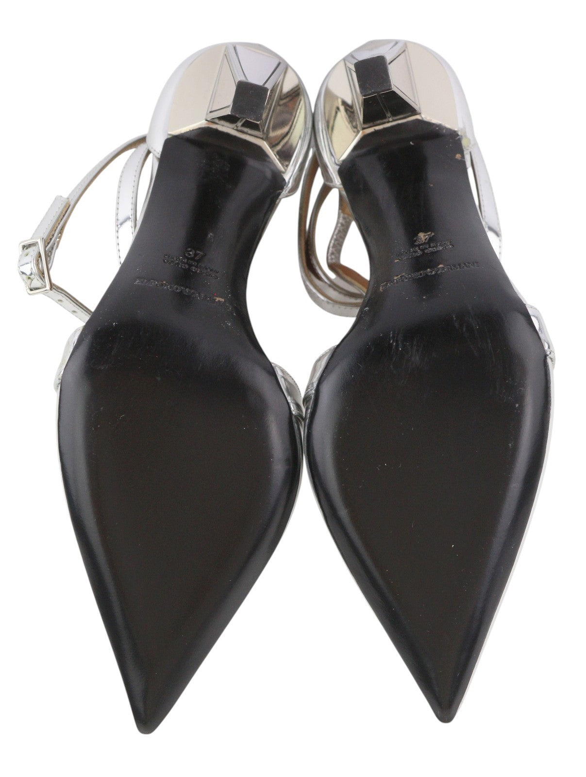 EMPORIO ARMANI moteriški aukštakulniai, 37 dydžio, blizgantys sidabriniai, odiniai, smailūs bateliai su sagtimi. 