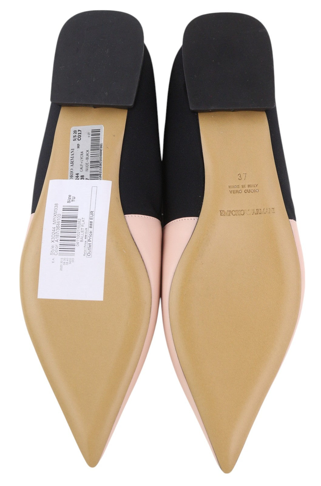 EMPORIO ARMANI X3D244 moteriški bateliai be kulno, 37 dydžio, rožinės odos, smailios nosies, su logotipu, balerinos. 