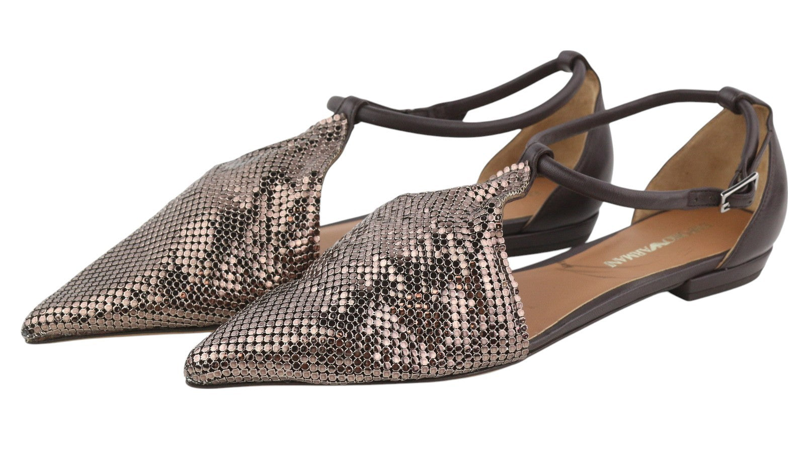 EMPORIO ARMANI X3D254 moteriški bateliai su blizgia nosimi, rudi, smailiomis nosimis, laisvalaikio bateliai su užtrauktuku 