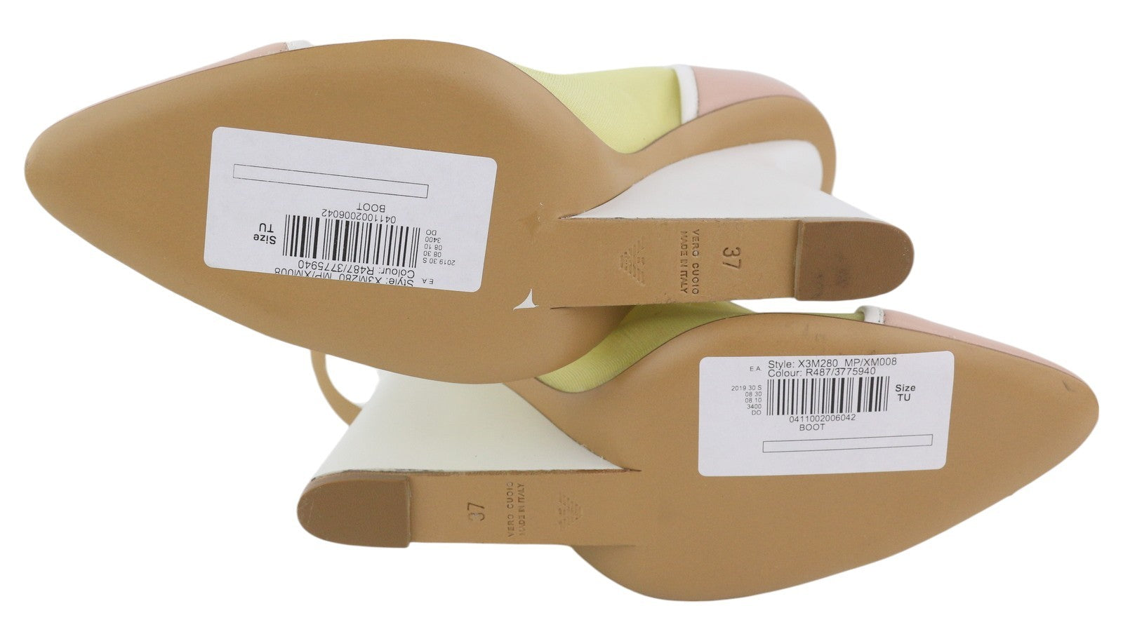 EMPORIO ARMANI X3M280 moteriški bateliai, EU37, odiniai, geltoni, tinklelio spalvos, smailiu nosimi, užtrauktuku. 