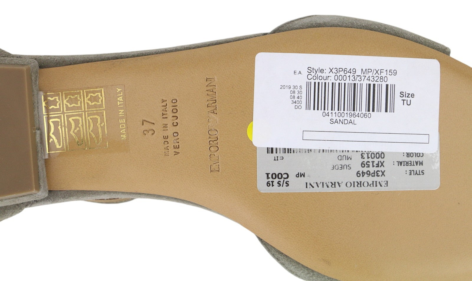 EMPORIO ARMANI X3P649 moteriškos basutės, 37 dydžio, pilkos, zomšos, odos, atvira nosimi, sagtimi. 