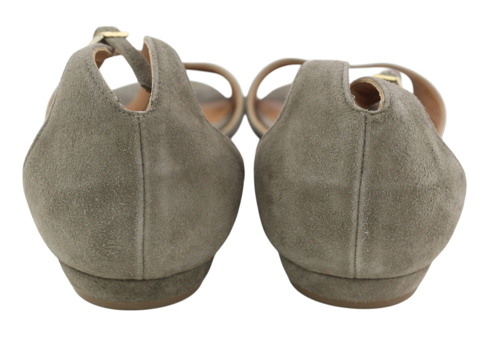 EMPORIO ARMANI X3P649 moteriškos basutės, 37 dydžio, pilkos, zomšos, odos, atvira nosimi, sagtimi. 